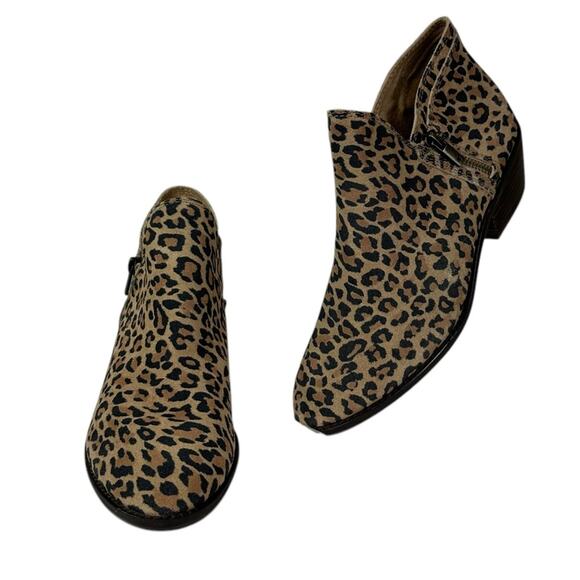 Lucky Brand Fhuna Leather Leopard Print Ankle Boots Sz 9 Side Zip - Picture 1 of 9